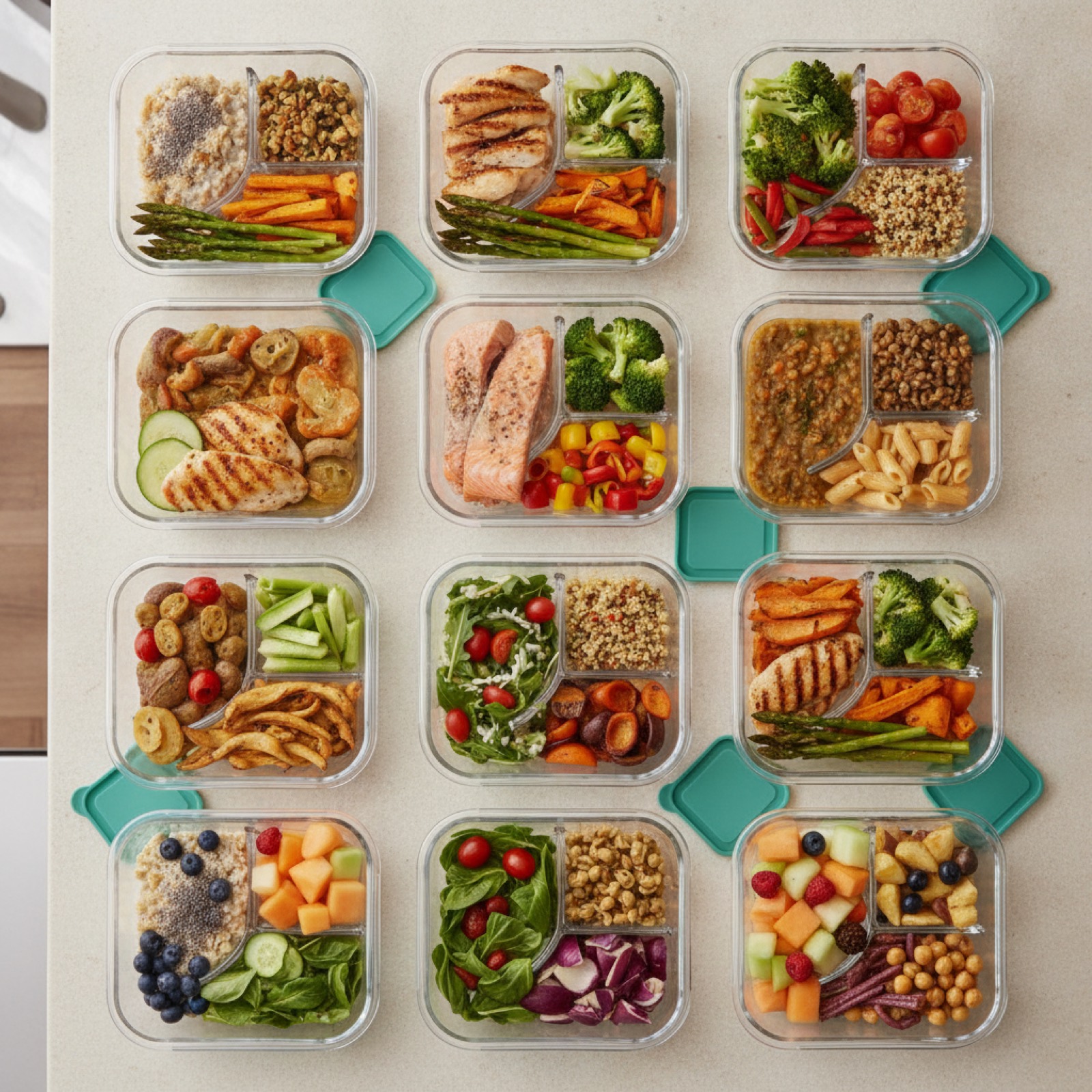 Boîtes de meal-prep remplies de nourriture équilibrée